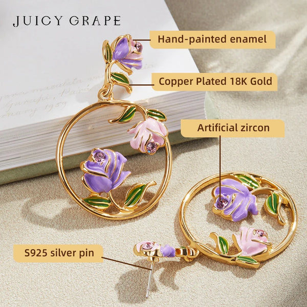 Enamel Floral Hoop Earrings - 18K Gold Plated Circle Design | Hand-Painted Botanical Jewelry for Parties & Birthdays