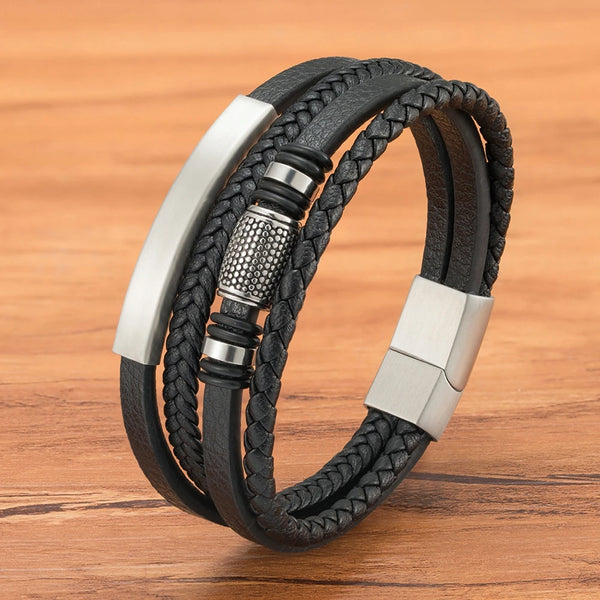 Multilayer Braided Rope Leather Bracelets Trendy Men Bracelets Stainless Steel Beaded Jewelry For Male Female Charm Bangles