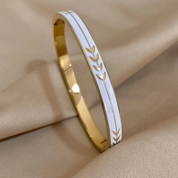 Fashion Enamel Painted Leaf Stainless Steel Bangle Women Vintage Wheat Arrow Ornament Cuff Bracelets Waterproof Golden Wristband