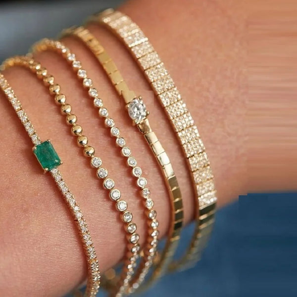 Simple Fashion Women Girl Jewelry Single Clear Rectangle Cubic Zirconia Gold Color Square Bead Tennis Chain Bracelet