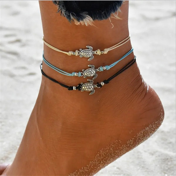 ZRM Fashion Vintage Sea Turtle Anklet Bracelet Dual use 3 Colors Hand Made Anklet Beach Leather Rope Anklet Jewelry