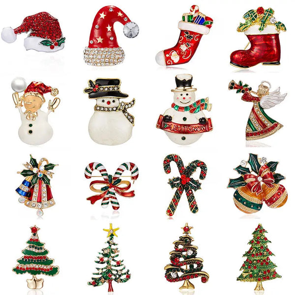 New Year Christmas Brooch For Women Fashion Snowman Santa Claus Tree Deer Bell Hat Rhinestone Enamel Cute Jewelry Kids Gifts
