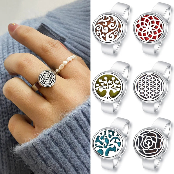 Aromatherapy Essential Oil Diffuser Rings Stainless Steel Spiral Open Perfume Locket Jewelry Rose Flower Women Rings Accessories