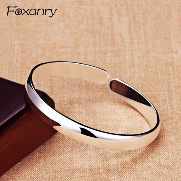 Foxanry Silver Color Terndy Couples Cuff Bangles & Bracelet Simple Smooth Bracelet Jewelry for Women Size 64mm Adjustable