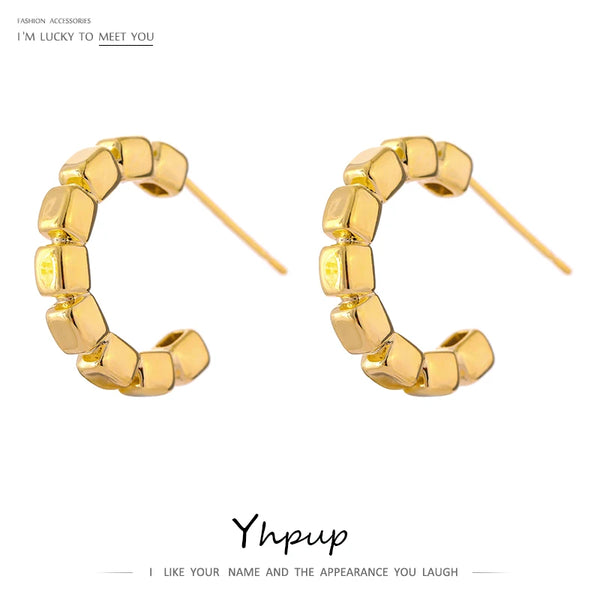 Yhpup New Metal Small Square Earrings Simple Golden Copper Texture Stylish украшения бижутерия Charm Trendy Jewelry Women Gift
