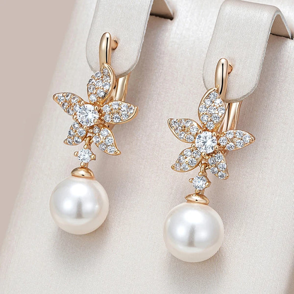 Kinel Luxury Crystal Flower Pearl Long Dangle Earrings Trendy 585 Rose Gold Color With Natural Zircon Daily Fine Women Jewelry