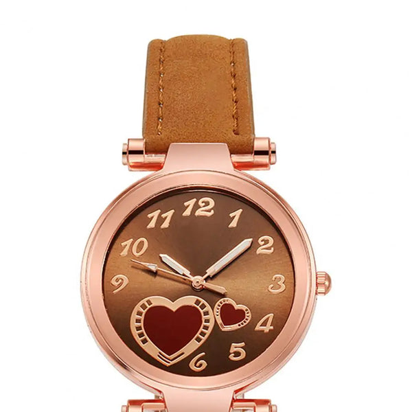Fashion Wrist Watch Women Love Heart Dial Plate Round Dial Faux Leather Casual Quartz Wristwatches