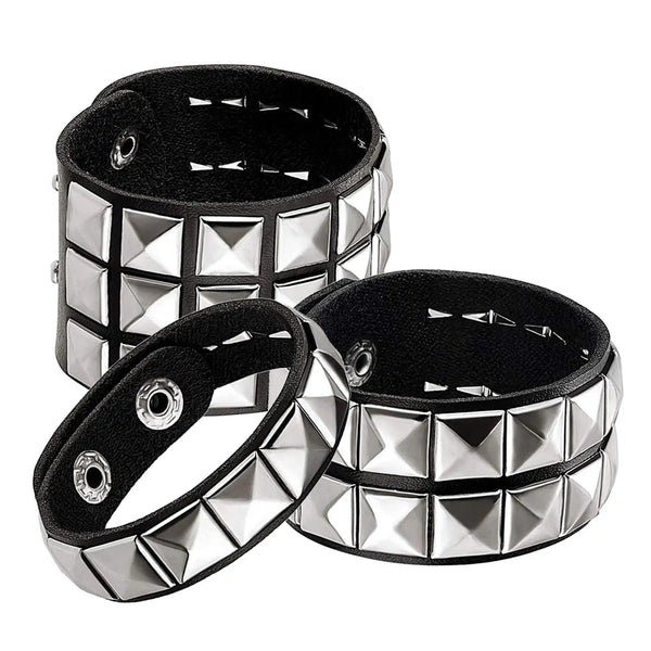 3Pcs Studded Punk Bracelets for Men Women Buckle Cuffs Pyramid Wristband Rivet Cuff Bangle  Wear Proms Rock Costumes Black