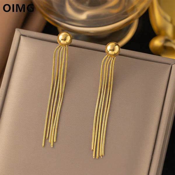 OIMG 316L Stainless Steel Gold Plated Waterproof Long Tassel Geometric Ball Pendant Earrings For Women Party Simple Jewelry