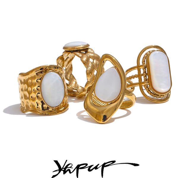 Yhpup Stainless Steel Natural Shell Geometric Open Ring Adjustable 18K PVD Plated Popular Fashion Finger Jewelry Accessories
