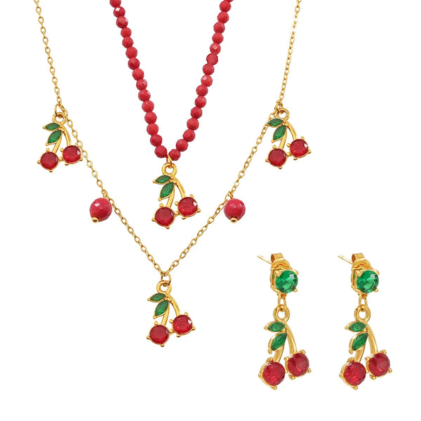 Cherry Charms Necklaces Matching Earrings For Women 18k Gold Plated Stainless Steel Women's Pendant Chain Necklace Stud Earring