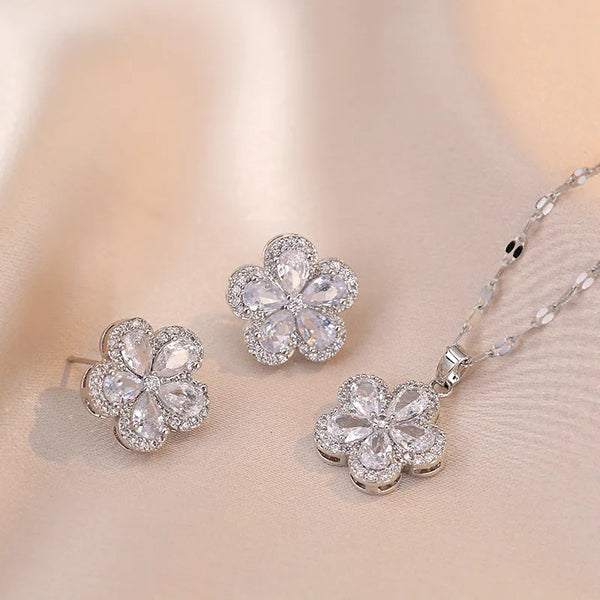 Charm Cherry Flower Stud Earrings and Pendant Clavicle Necklaces For Women Stainless Steel Jewelry Sets White Zircon Choker Gift