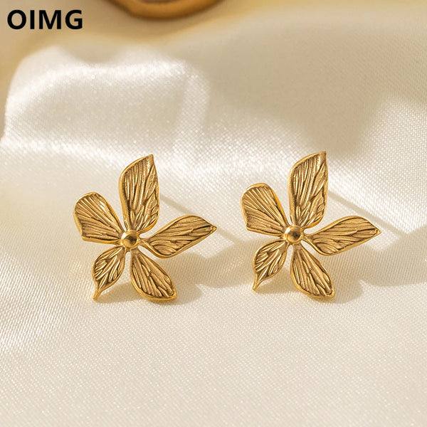 OIMG 316L Stainless Steel Vintage Design Irregular Stripes Flowers Stud Earrings for Women Cute Lovely Party Jewelry 2024