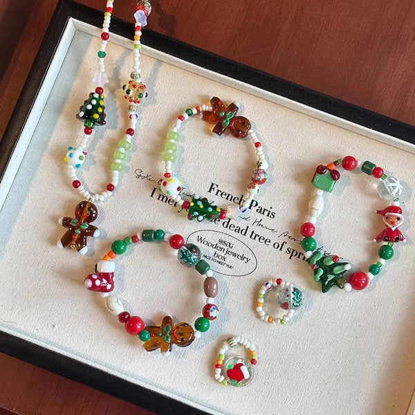 Christmas Party~Autumn/Winter New Gingerbread Man Christmas Tree Set Sweet Cute Fun Ceramic Bracelet Ring