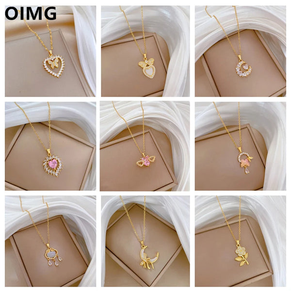 OIMG Multiplestyles Simple Heart Butterfly Wings Pendant Necklaces for Women Girls Flower Charm Choker Stainless Steel Jewelry