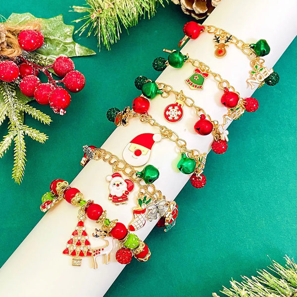 Creative Christmas Bracelets Women Jewelry Red Bell Christmas Tree Snowflake Snowman Elk Charms Accessories Bracelets Gifts