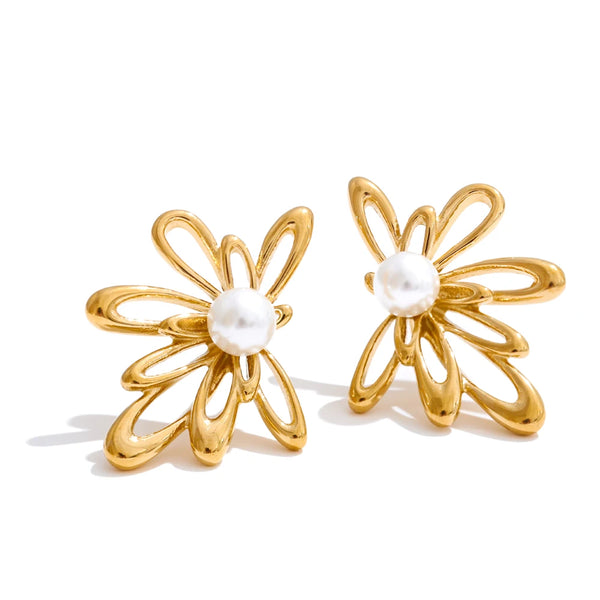 Yhpup Arrivals Hollow Flower Stud Earrings 2025 Stainless Steel Imitation Pearls Trending Elegance Daily Jewelry Rust Proof