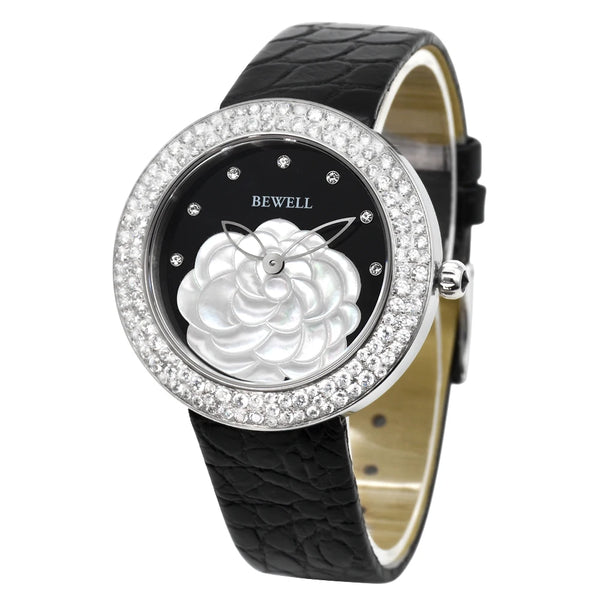 Fashionable Stainless Steel Quartz Women's Watch with Diamond-Encrusted Leather Strap Shell And Flower Dial