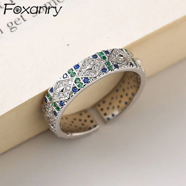FOXANRY Silver Color Wedding Rings for Women Couples New Trendy Elegant Sparkling Multicolor Zircon Bride Jewelry Gifts