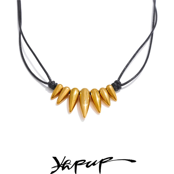 Yhpup Arrivals Black PU Leather Statement Drop Necklace 2025 for Women Stainless Steel Summer Fashion Personal Necklace Jewelry