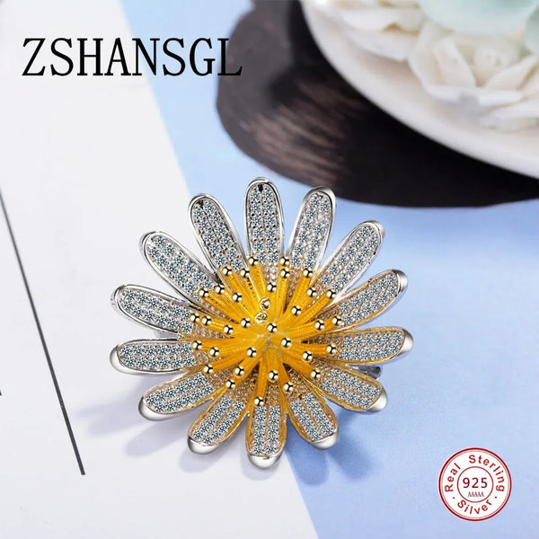 Delicate 925 Sterling Silver Van Gogh Yellow Sunflower Brooches for Women Wedding Suit-coat Pins Party Corsages Jewelry Bijoux