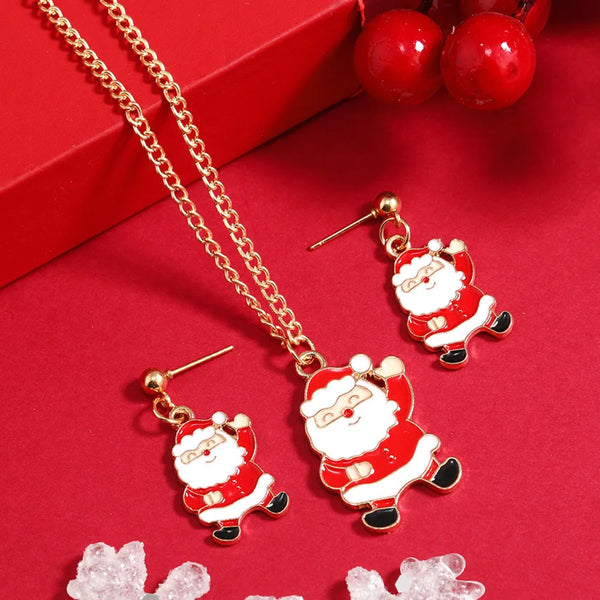 2024 New Trendy Christmas Jewelry Set Cute Alloy Enamel Christmas Gift Santa Claus Elk Necklace Earrings Women Party Accessories