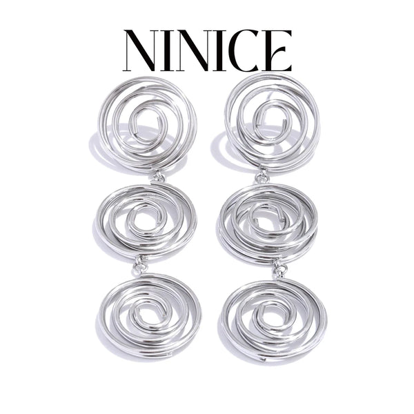 NiNice 2025 Stainless Steel Hollow Round Twisted Dangle Earrings PVD Plated Fashion Waterproof Jewelry