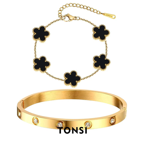 2 Pieces Stacking Bracelet Jewellery Set Stainless Steel Flower colorless cubic zirconia bracelet holiday gift In stock and avai