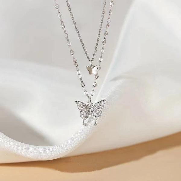 Shiny Butterfly Necklace Crystal Exquisite Double Layer Pendant Clavicle Chain Necklace For Women Wedding Party Jewelry Gifts