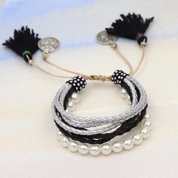 Bracelet for Women Multilayer Leather Rope Tassel Adjustable Imitation Pearl Bracelets Bohemian Handmade Jewelry Wholesale Gifts