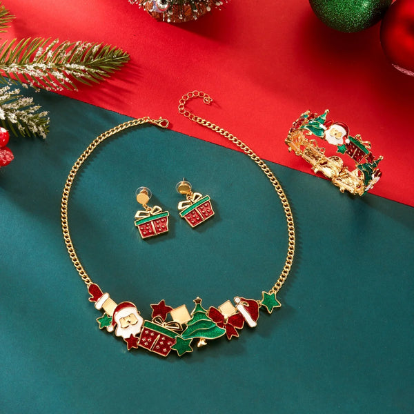 Christmas Holiday Jewelry Set Enamel Santa Claus Xmas Tree Gift Box Star Gloves Bracelet Necklace Earrings Set For Women Men