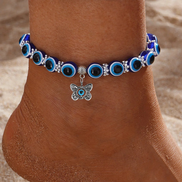 Classic Turkish Lucky Evil Blue Eyes Beaded Anklets For Women Men Butterfly Elephant Palm Turtle Owl Pendant Foot Chain Jewelry