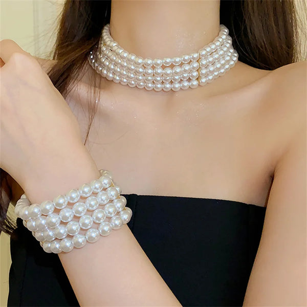 Pearl Necklace Bacelet Sets Geometric Necklace Women Solid Color Fashion Weddings Bride Jewelry Accessories
