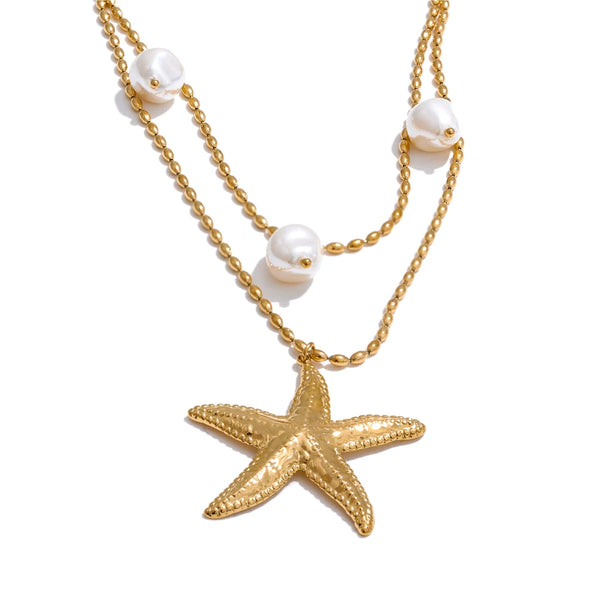 Yhpup Stainless Steel Double Layer Ocean Summer Holiday Necklace Jewelry Waterproof Handmade for Women Gold Platinum PVD Plated