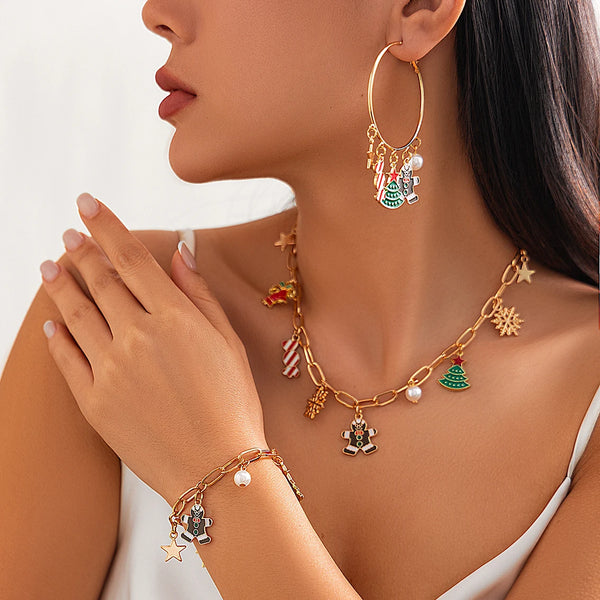 IngeSight.Z New Christmas Tree Bell Snowman Pendant Necklace Bracelet Earrings for Women Festival Party Gift Jewelry Sets