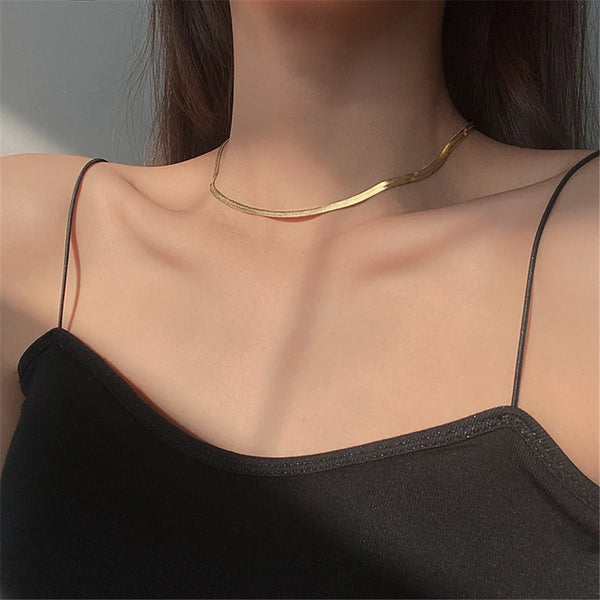 35CM Herringbone Necklace for Women Dainty Gold Color Flat Choker Snake Chain Necklace Thin Gift for Her