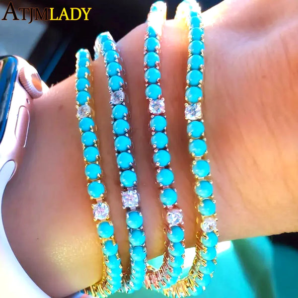 2025 New Arrive 3mm Turquoises Bracelet Women Clear Cz Paved Beaded Tennis Chain Bracelet Handmade Jewelry