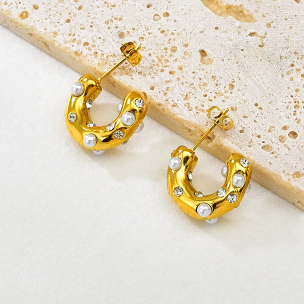 E108 European and American irregular-shaped earrings with zircon and pearls, C-shaped ear rings, stainless steel and gold