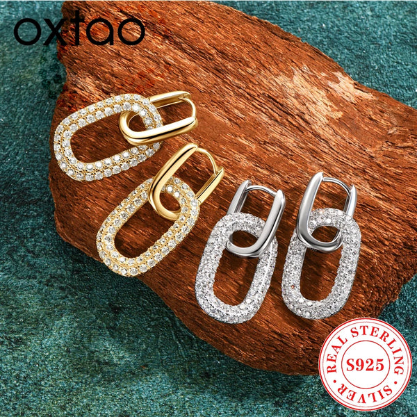 OXTAO D VVS1 Moissanite Hoop Clip Earrings Female 925 Sterling Silver Paperclip Link Earrings Luxury Wedding Jewelry Gift