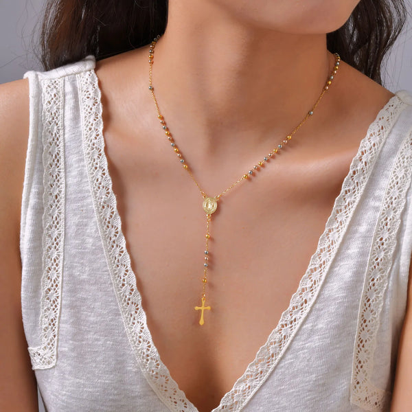 Triple Tone Beaded Rosary Cross Necklace, Stainless Steel Long Chain Crucifix Rosary Chain Y Necklace Women Religious Jewelry