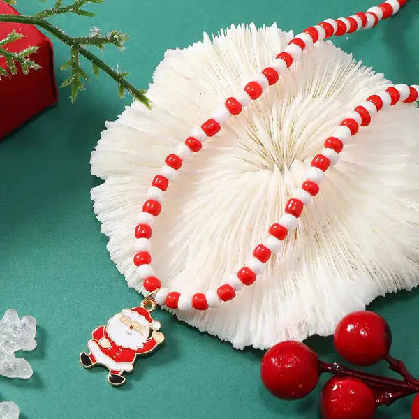 Cute Christmas Snowman Beaded Jewelry Set For Women Red White Beads Necklace Bracelet Earrings Ring Festive Xmas Party Jewelry