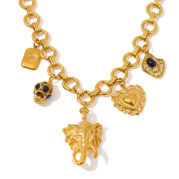 Yhpup Heart Elephant Drop Charm Pendant Necklace 18K Golden PVD Plated Stainless Steel Fashion Statement Jewelry 2025 Waterproof