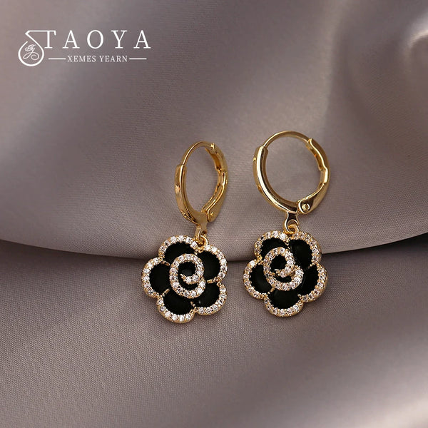 Design Sense Exquisite Black Camellia Pendant Flower Earrings 2025 New Jewelry Party Girls' Luxury Accessories For Women's Gift