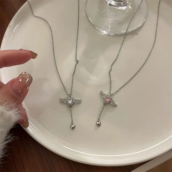 2PCS 925 Sterling Silver Heart Angel Wings Pendant Choker Necklaces for Woman Girls Party Jewelry Accessories Jewellery Women