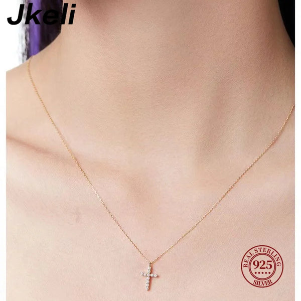 Jkeli 925 Sterling Silver Cute Cross JkeliPendant Simple Necklace Female Clavicle Chain Fine Jewelry For Women Gift Wholesale