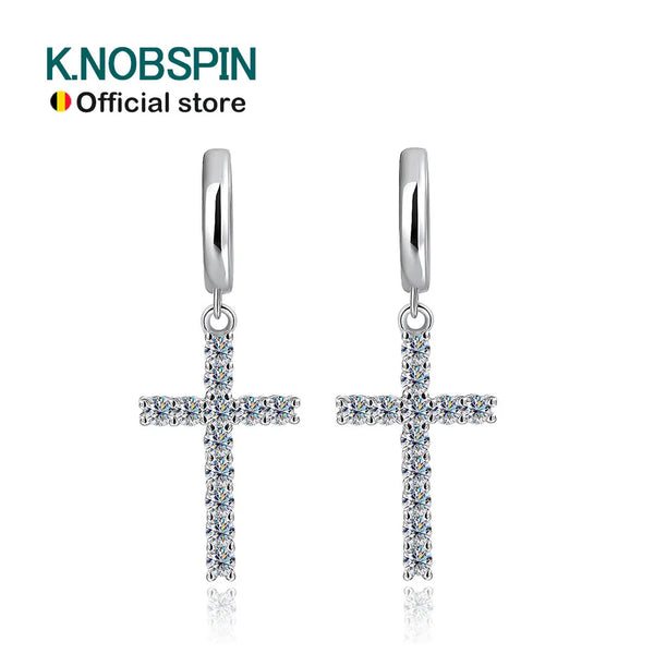 KNOBSPIN D VVS1 Cross Moissanite Earrings for Women Man GRA Certified Round Diamond Solid s925 Silver Plated 18k Hoop Earring