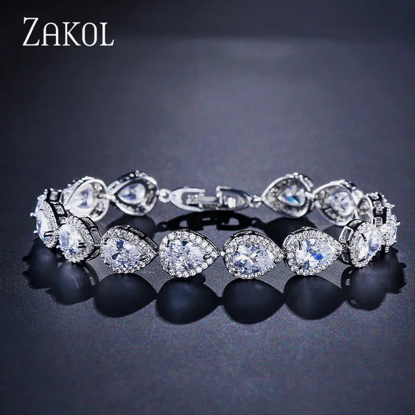 ZAKOL Luxury Water Drop Zirconia Bracelets for Elegant Women Teardrop Charm Bracelet Bridal Wedding Jewelry