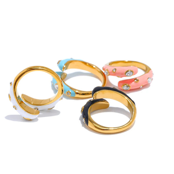 Yhpup Adjustable Candy Y2K Blue White Black Pink Enamel Cubic Zirconia Exquisite Open Ring Golden Stainless Steel Jewelry Gift