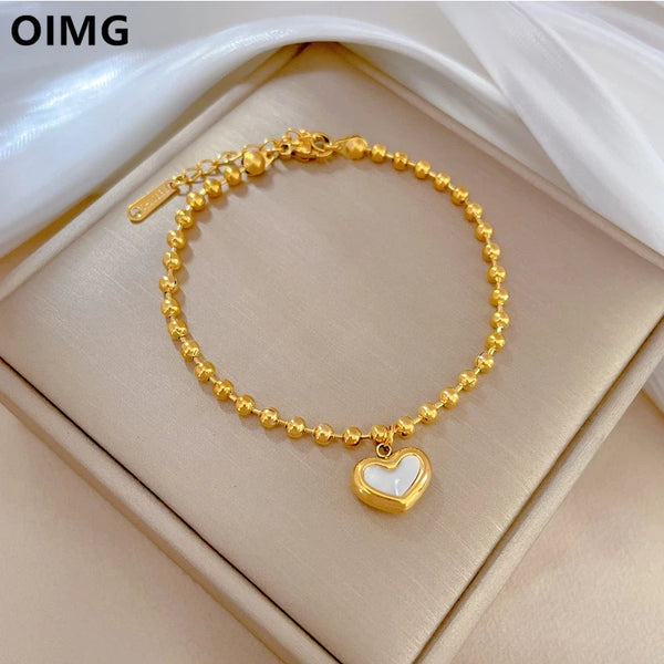 OIMG 316L Stainless Steel Gold Plated Bracelet Temperament Natural Shell Heart Beads Chain Bangle For Women Girl Gift Waterproof