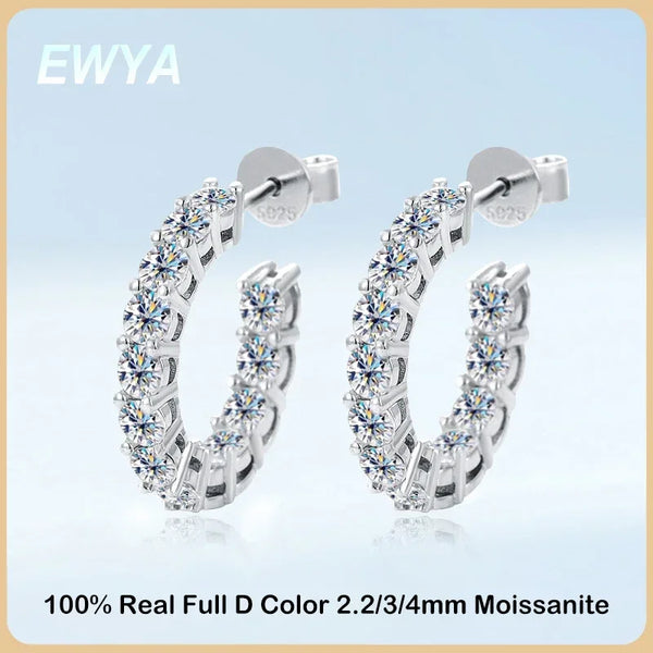 EWYA Sparkling D Color Full 3mm 2.6cttw Moissanite Hoop Earrings For Women S925 Silver Plated 18K Pass Diamond Test Earring Gift